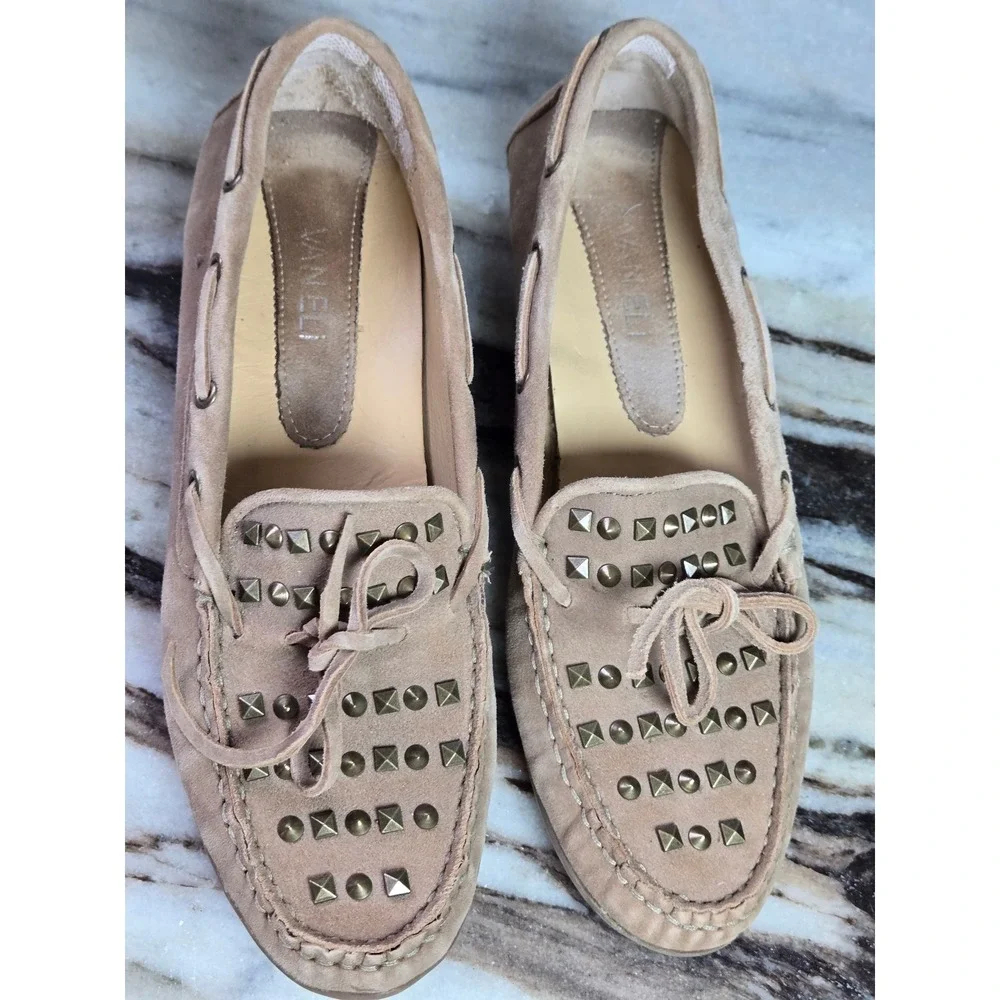 Vaneli Womens 7.5 A‎ Tan Suede Studded Driving Moccasins Loafers Beige Bow Shoes